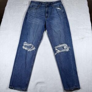 American Eagle Mom Jeans Womens 8 Medium Wash High Rise Distressed Denim Stretch